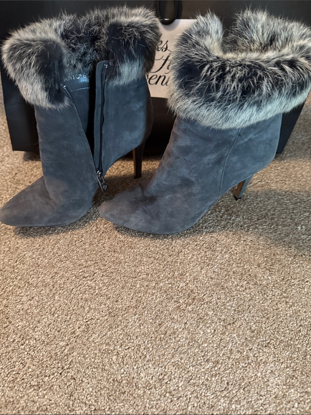 ANTONIO MELANI Gray Suede Faux Fur Cuff Pointed Toe Booties